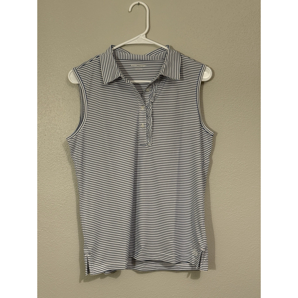 Tory Sport Sleeveless Ruffle Polo Medium Surf Blue Striped Performance Top